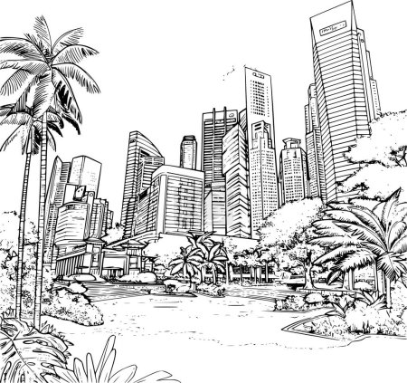 Illustration for Urban Singapore City Skylines Line Art with Greenery, Detailed Sketch - Royalty Free Image