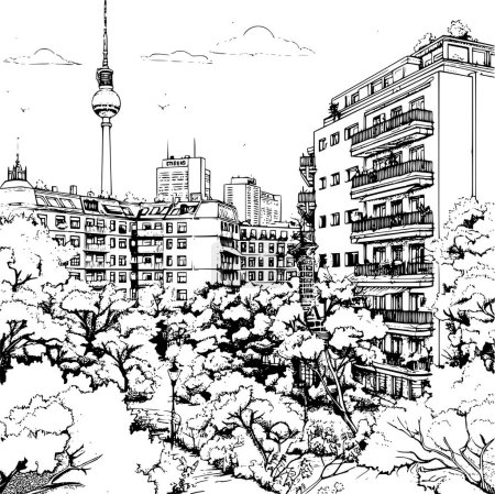 Illustration for Urban Berlin City Skylines Line Art with Greenery, Detailed Sketch - Royalty Free Image