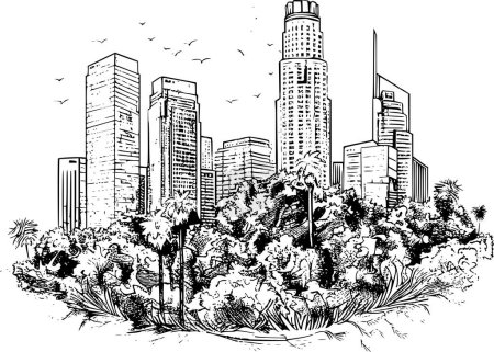 Illustration for Urban Los Angeles City Skylines Line Art with Greenery, Detailed Sketch - Royalty Free Image