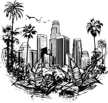 Illustration for Urban Los Angeles City Skylines Line Art with Greenery, Detailed Sketch - Royalty Free Image