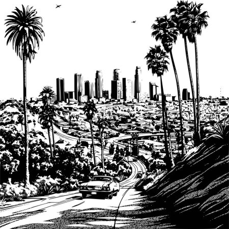 Illustration for Panoramic Line Vector of Los Angeles City, Urban Skyline - Royalty Free Image