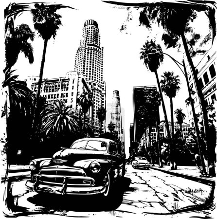 Illustration for Artistic Black and White Drawing of Downtown Los Angeles, Emblematic Style - Royalty Free Image