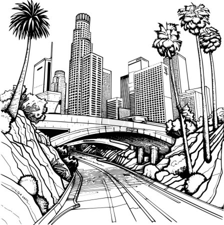 Illustration for Black and White Line Drawing of Los Angeles City, Timeless Charm - Royalty Free Image