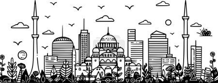 Illustration for Urban Istanbul City Skylines Line Art with Greenery, Detailed Sketch - Royalty Free Image