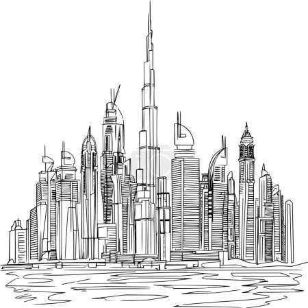 Illustration for Art Deco-Inspired Continuous Line of City Resembling Dubai, Elegant Design - Royalty Free Image