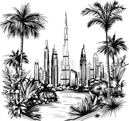 Illustration for Urban Dubai City Skylines Line Art with Greenery, Detailed Sketch - Royalty Free Image