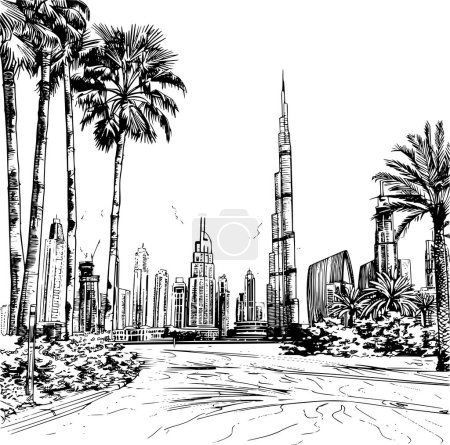 Outline Realistic Image of Sightseeing in Dubai, Coloring Book Illustration