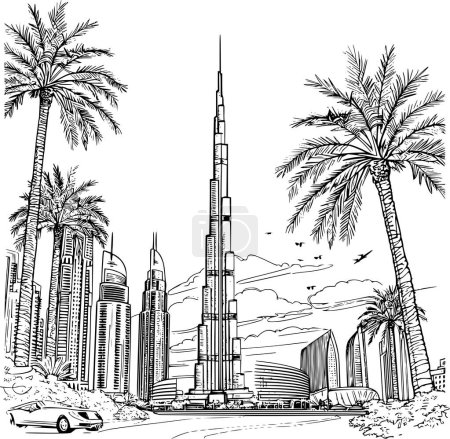 Esquema de imagen realista de turismo en Dubai, Ilustración de libros para colorear