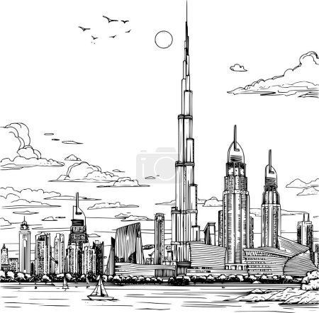 Illustration for Outline Realistic Image of Sightseeing in Dubai, Coloring Book Illustration - Royalty Free Image