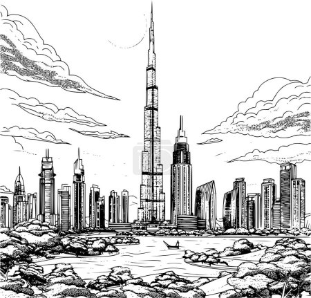 Umriss realistisches Bild der Sehenswürdigkeiten in Dubai, Malbuch Illustration
