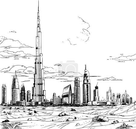 Umriss realistisches Bild der Sehenswürdigkeiten in Dubai, Malbuch Illustration