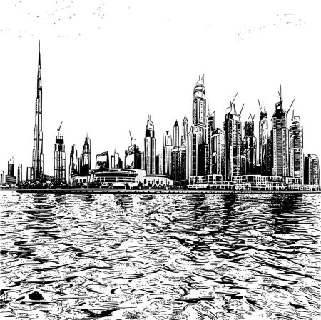 Ilustración de Arte de línea en blanco y negro de la ciudad de Dubai, diseño simplista - Imagen libre de derechos