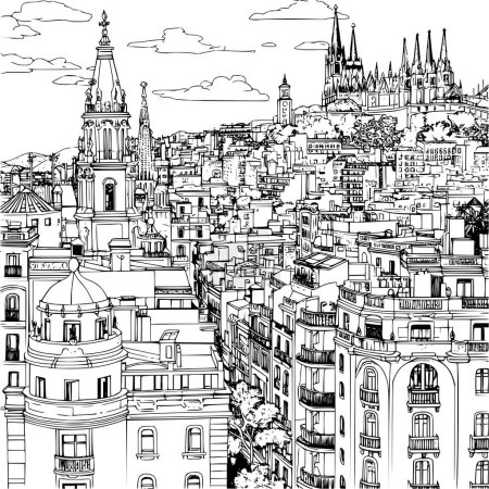 Art Deco-Inspired Continuous Line of City Resembling Barcelona, Elegant Design