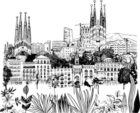 Illustration for Urban Barcelona City Skylines Line Art with Greenery, Detailed Sketch - Royalty Free Image