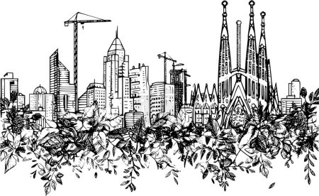Illustration for Urban Barcelona City Skylines Line Art with Greenery, Detailed Sketch - Royalty Free Image