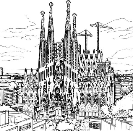 Esquema de la imagen realista de turismo en Barcelona, Ilustración de libros para colorear