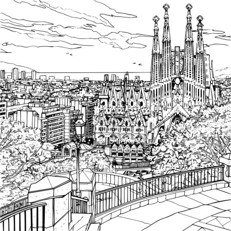 Outline Realistic Image of Sightseeing in Barcelona, Coloring Book Illustration