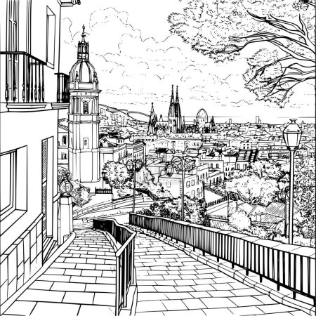 Ilustración de Esquema de la imagen realista de turismo en Barcelona, Ilustración de libros para colorear - Imagen libre de derechos