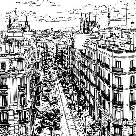 Ilustración de Línea Blanca y Negra Arte de la Ciudad de Barcelona, Diseño Simplista - Imagen libre de derechos