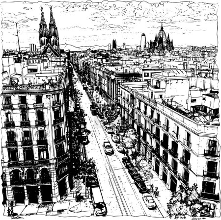 Ilustración de Línea Blanca y Negra Arte de la Ciudad de Barcelona, Diseño Simplista - Imagen libre de derechos