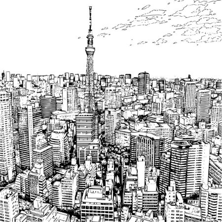Ilustración de Ilustración Diseño de Tokio, Línea Blanca y Negra Arte de la ciudad de Tokio - Imagen libre de derechos