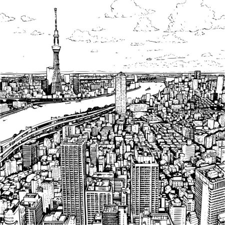 Ilustración de Ilustración Diseño de Tokio, Línea Blanca y Negra Arte de la ciudad de Tokio - Imagen libre de derechos