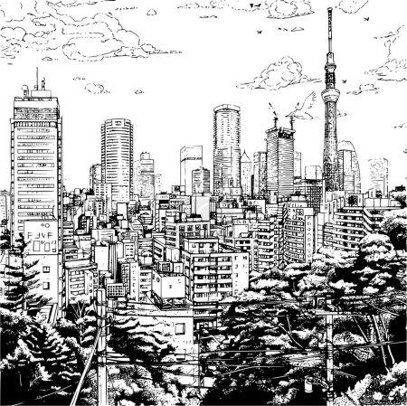 Illustration for Urban Tokyo City Skylines Line Art with Greenery, Tokyo Illustration Sketch - Royalty Free Image