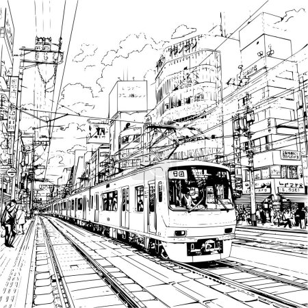 Tokyo Coloring Book Illustration, Outline Realistic Image of Sightseeing in Tokyo