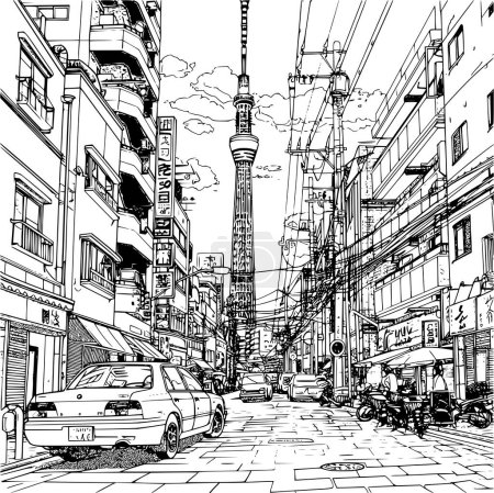 Tokyo Coloring Book Illustration, Outline Realistic Image of Sightseeing in Tokyo