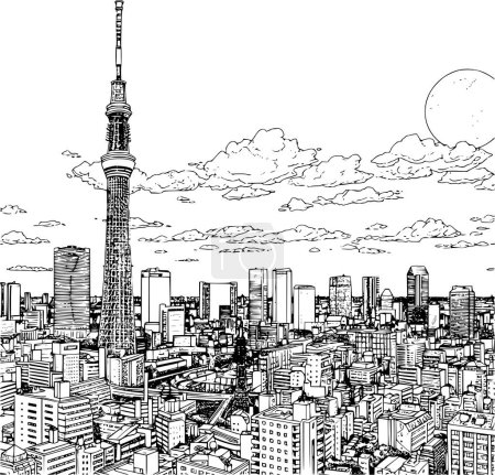 Illustration de livre de coloriage de Tokyo, contour Image réaliste de la visite touristique à Tokyo