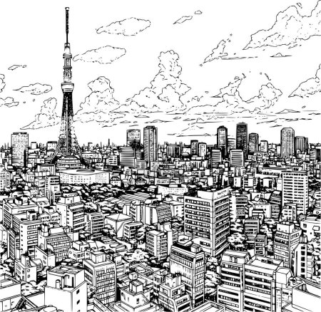 Ilustración de Ilustración del libro para colorear de Tokio, esboce la imagen realista del turismo en Tokio - Imagen libre de derechos