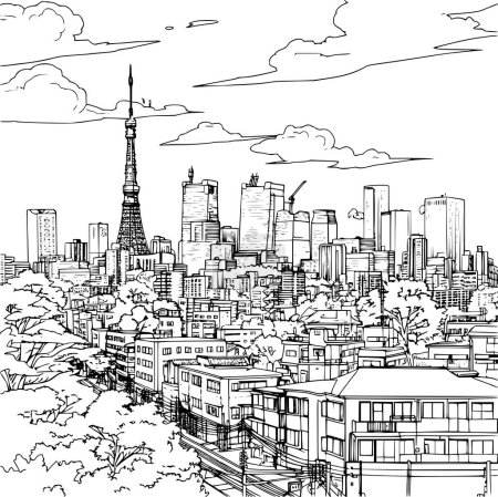 Ilustración de Vista Urbana de Tokio, Ciudad con Edificios Paisaje - Imagen libre de derechos