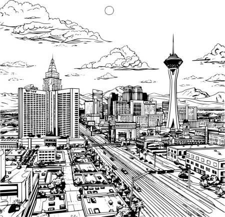 Las Vegas Malbuch Illustration, Umriss realistisches Bild von Sightseeing in Las Vegas
