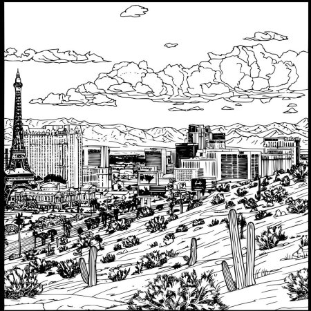 Ilustración de Ilustración del libro para colorear de Las Vegas, esboce una imagen realista de turismo en Las Vegas - Imagen libre de derechos