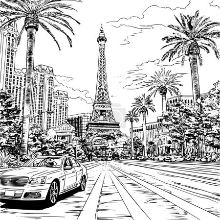 Las Vegas Coloring Book Illustration, Outline Realistic Image of Sightseeing in Las Vegas