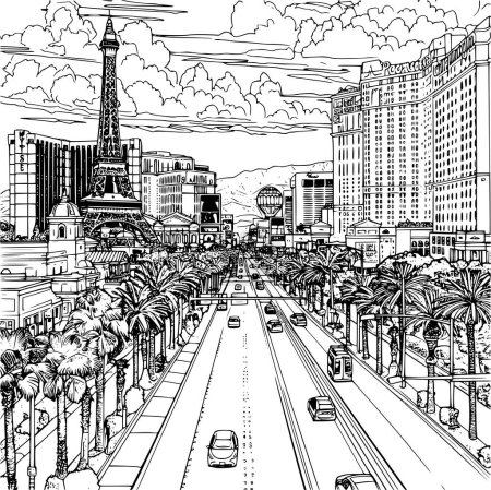 Buildings of Las Vegas for Coloring, Las Vegas Landscape Coloring Art