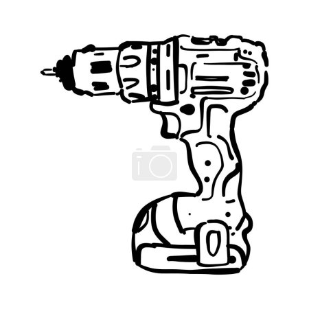 electric screwdriver sketch. Electric hand drill doodle illustration. Electric tool for work. Building and repair. Cordless screwdriver. Power tool.