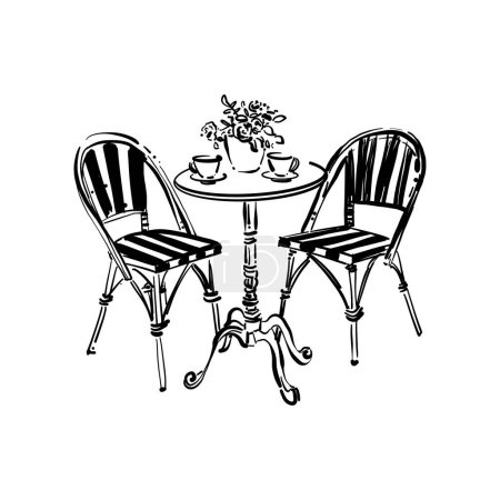 Handgezeichnete Skizze. Zwei Stühle und Teetassen auf dem Tisch. Urlaubspostkarte. Schwarz-weiße Straßencafé-Möbel. Bistro runder Tisch mit zwei Stühlen, handgezeichnet