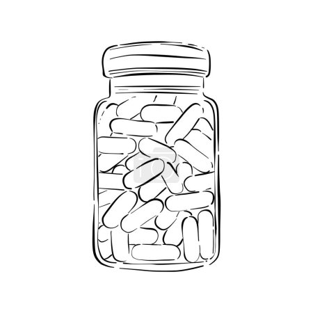 Illustration vectorielle de bouteille pilule. Une capsule en bouteille de verre ou de plastique. Illustration de croquis Doodle