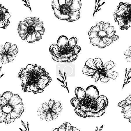 doodle sketch hand drawn flower seamless pattern on white background