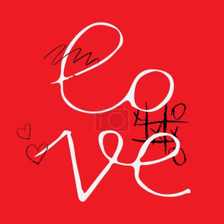 Illustration for LOVE word hand drawn lettering. Modern calligraphy script love text. Vector illustration. Design for print on shirt, poster, banner. Love text on red background. Lovely print for tee shirt - Royalty Free Image