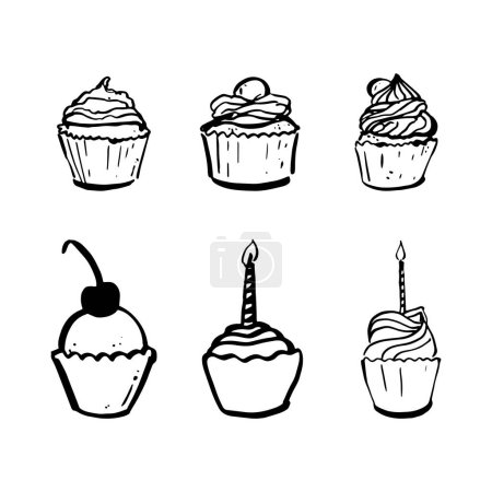 Illustration for Set of doodle cupcakes. Black and white Hand drawn illustration of cupcakes decorated with cream, cherry and candle. Isolated on white background. - Royalty Free Image