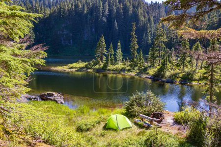 An idyllic campsite by a mountain lake dotted with islands and surrounded by evergreen trees. Peaceful and serene, a campfire is ready to be built nearby.