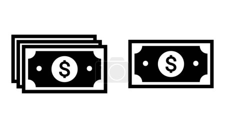 Téléchargez les illustrations : Ensemble d'icônes Cash Doller. symbole vectoriel de billets de banque en papier-monnaie avec signe dollar dans un style noir. - en licence libre de droit