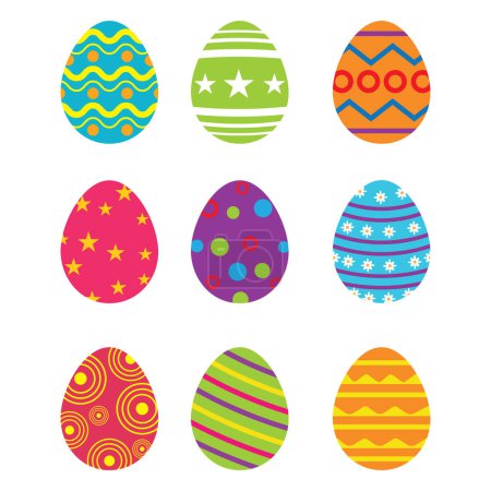 Illustration for Easter eggs set flat design on white background. Easter Eggs with Realistic ornament pattern, Vector - Royalty Free Image
