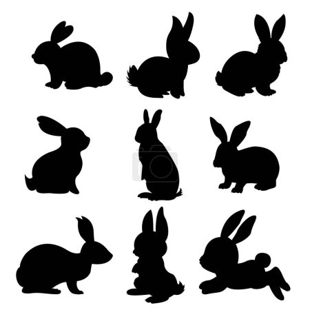 Ilustración de Vector de siluetas de conejo, perfecto para Pascua, celebraciones de primavera. conejitos esponjosos en varias poses - saltar, sentarse, de pie. - Imagen libre de derechos