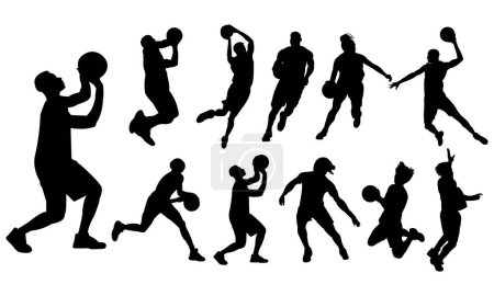 set of silhouettes of basketball players. The player throws the ball while jumping