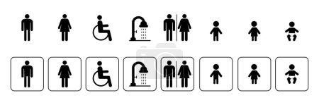 Illustration for Toilet icon set. sanitation sign. WC symbol. Men, Woman, People with disability, Shower, Child, vector set of bathroom icons. - Royalty Free Image
