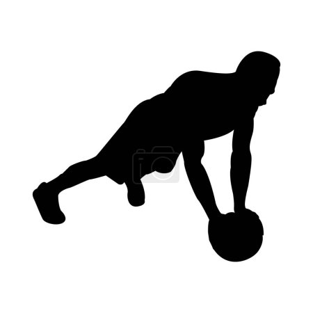 Illustration for Black silhouette of man doing push ups with medicine ball, chest exercise, stand in a plank position - Royalty Free Image