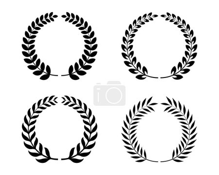 Illustration for Set black silhouette circular winner laurel foliate vector, Emblem floral Greek branch flat style. wheat and oak wreaths depicting an award, achievement, heraldry, nobility on white background. - Royalty Free Image